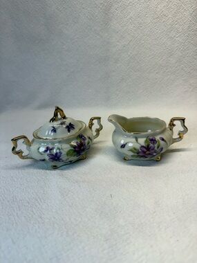 VTGRoyal Sealy bone china sugar bowl& creamer set purple violet floral gold trim